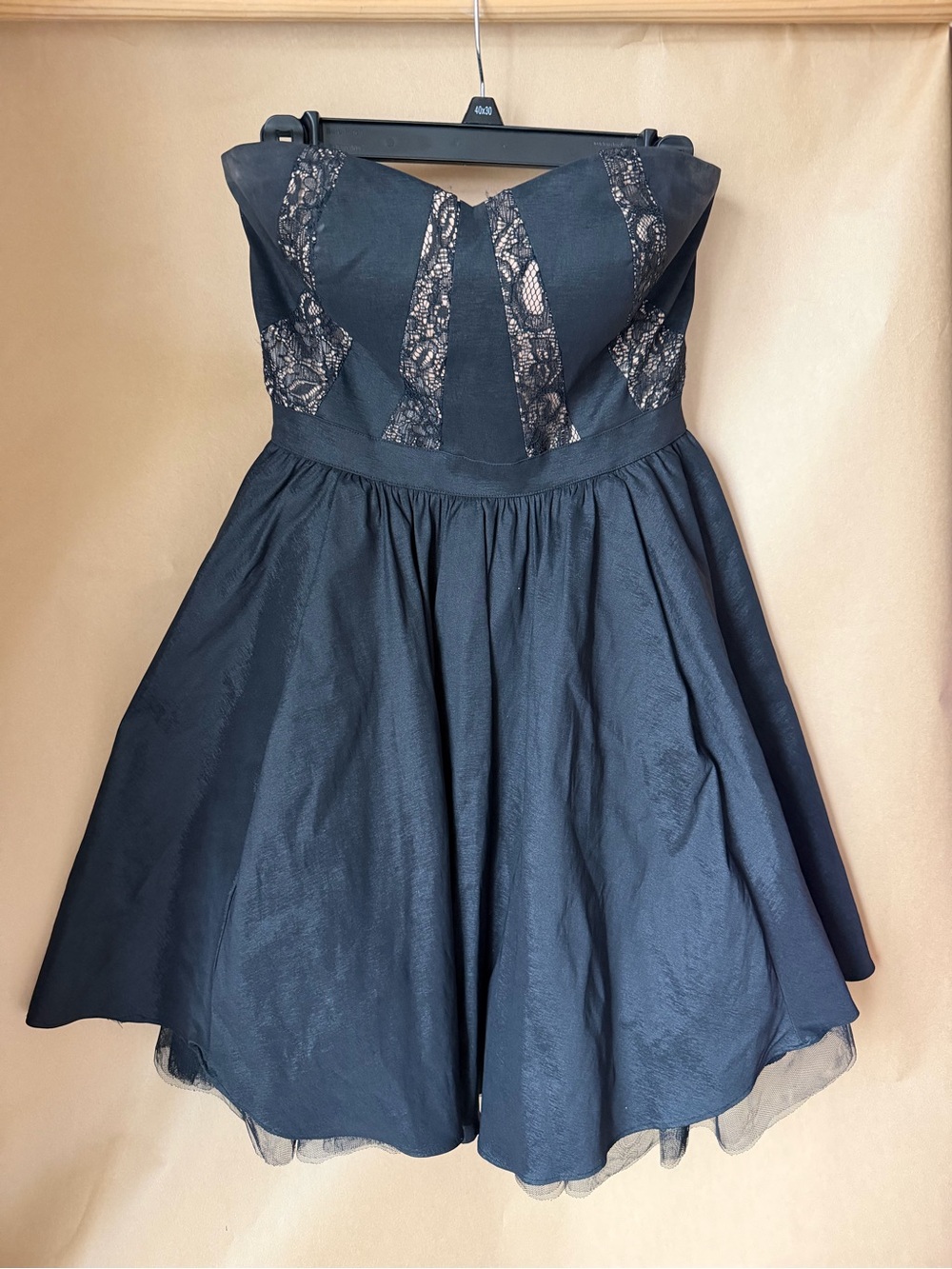 Aidan Mattox Black Strapless Fit-and-Flare Dress with Lace Insets